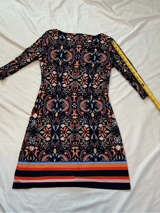 Patterned Navy Midi Dress with Coral and Blue Accents - Picture 4 of 5